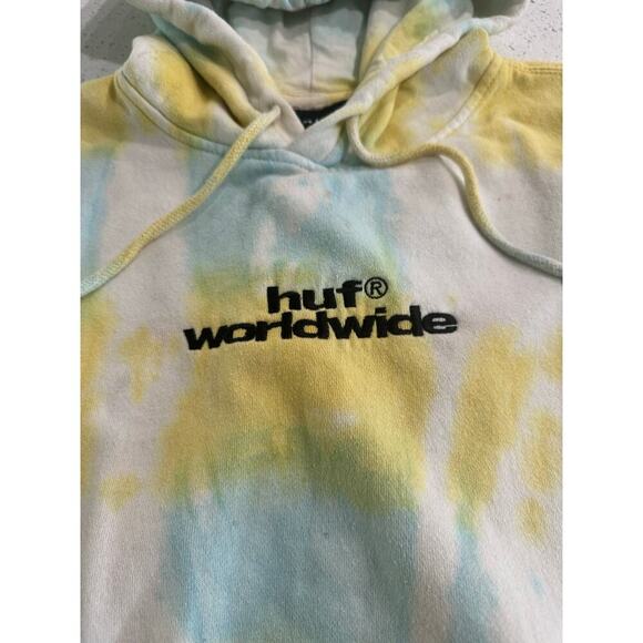 HUF Worldwide Hoodie Adult L Yellow / Blue / White Tie Dye Pullover Sweatshirt - Picture 2 of 6